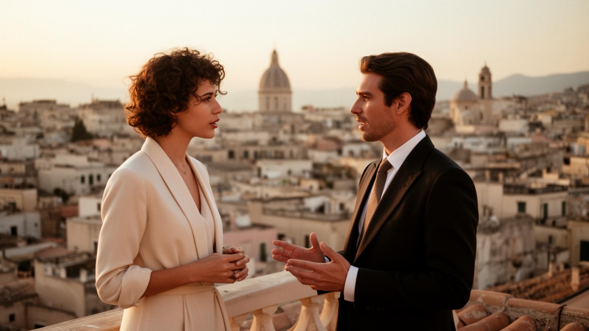 Two people in conversation on a Mediterranean rooftop at dusk