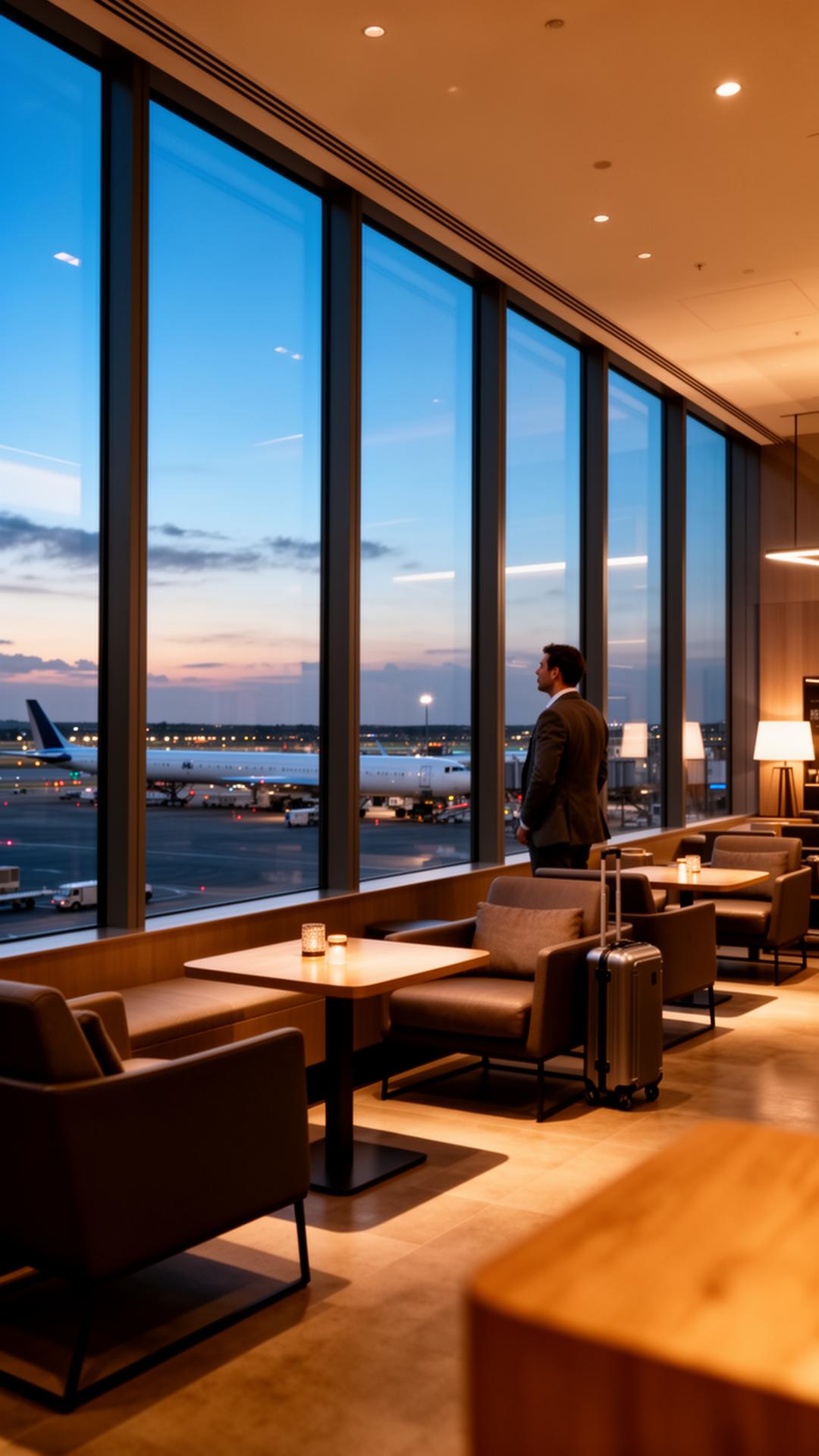 Premium airport lounge at dusk